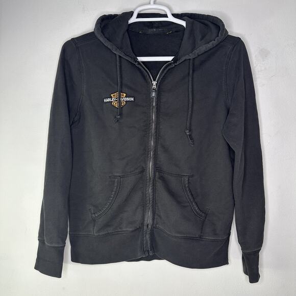 Harley Davidson Hoodie Sweatshirt Womens Large Black Full Zip Studded Logo Biker - Picture 2 of 7